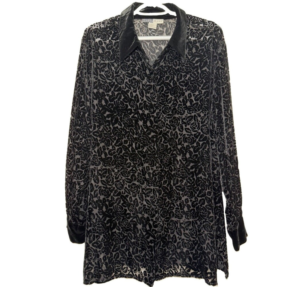 Carol Horn Workshop L Silk Rayon Burnout Velvet Floral Tunic Blouse Black Goth